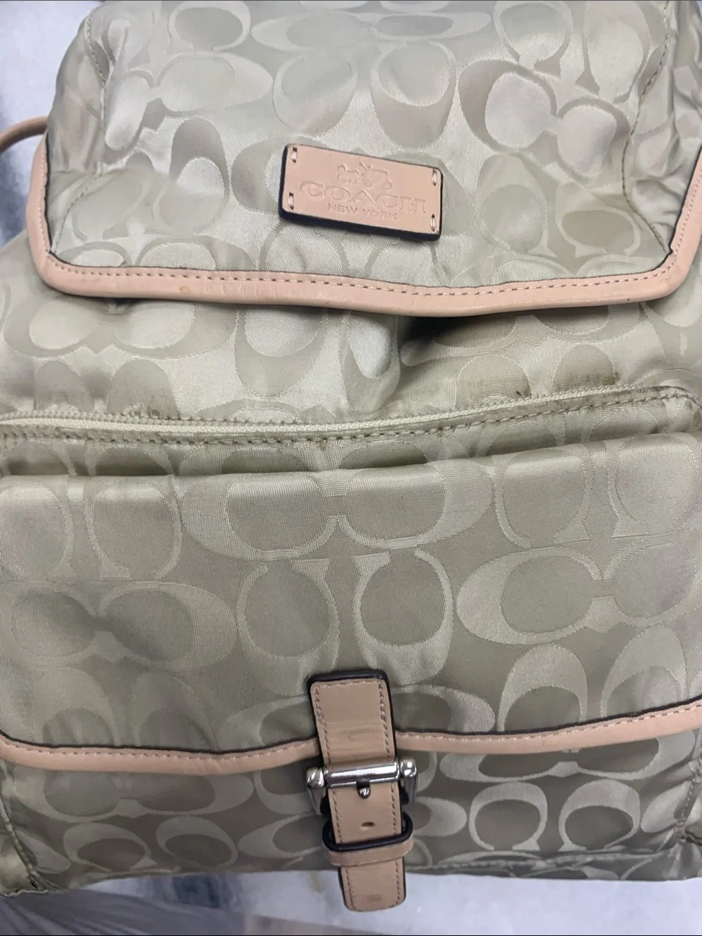 Coach Beige Signature Nylon Backpack with Natural Leather Trim